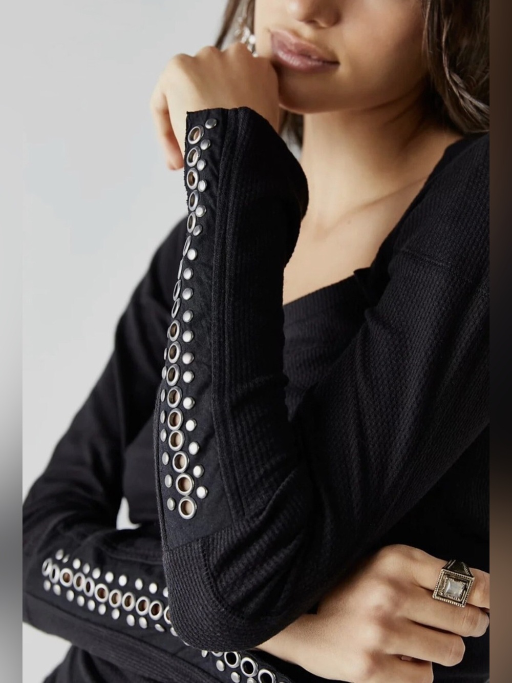 Free People A Little Unruly Black Waffle Stud Long Sleeve Ribbed Top Shirt L - Picture 3 of 15